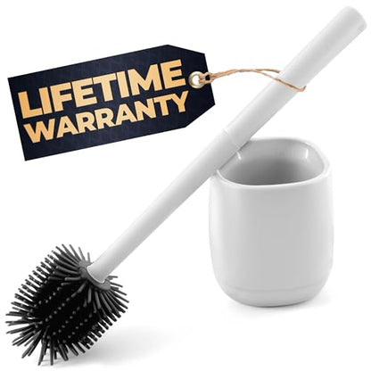 Toilet Bowl Brush and Holder, Silicone and Plastic (White) | Compact Toilet Brush, Easy to Place and Simple to Store After Use, Strong Rubber Plunger & Stiff Bristle Brush - color: White