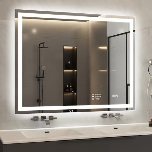 STARLEAD 28"x36" LED Bathroom Mirror with Built-in Clock, Dimmable Lighting, 3 Color Temperature, Anti-Fog, Touch Control Wall Mounted Vanity Mirror - color: Silver-clock, size: 36"L x 28"W