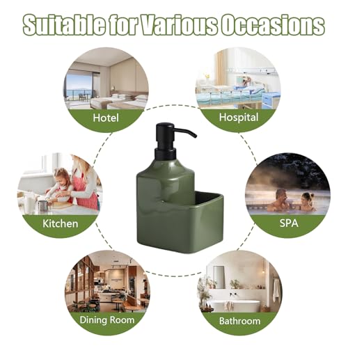 Gets Soap Dispenser Green Ceramic Pump Bottle with Storage Holder | Countertop Liquid Hand Wash Bottle with Organizer Tray for Bathroom, Kitchen, Refillable Modern Dispenser for Vanity Sink - size: Green With Sponge Holder