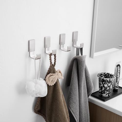 Brass Towel Hook, Bath Robe Coat Clothes Hook, Brushed Nickel 4 Pack | Wall Mounted with Screws for Bathroom, Kitchen, Hotel, Garage, Laundry, Square Coat and Hat Hooks, Rustproof & High Quality - color: Brushed Nickel, size: 4 Pack