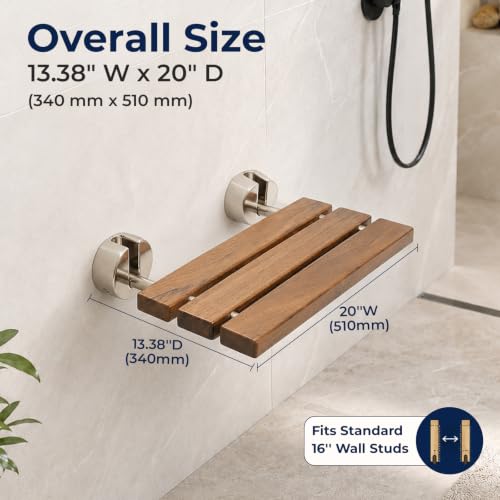 DIYHD 20" Burmese Teak Wood Wall Mounted Folding Shower Bench, Brushed | Premium Solid Teak Wood with Stainless Steel Bars, 330 lbs Capacity, 14” W x 20” D, Fits 16” Stud Spacing - size: 20"