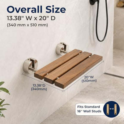 DIYHD 20" Burmese Teak Wood Wall Mounted Folding Shower Bench, Brushed | Premium Solid Teak Wood with Stainless Steel Bars, 330 lbs Capacity, 14” W x 20” D, Fits 16” Stud Spacing - size: 20"