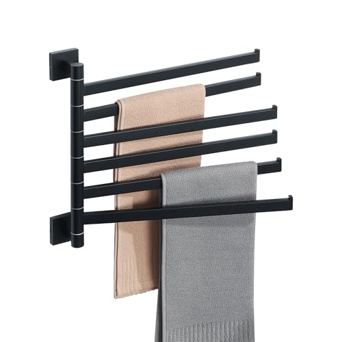 Alise 6 Arm Swivel Towel Rack, Matte Black Swivel Out Towel Bar, 13.6 Inch | Space Saving Swing Arm Towel Rack for Bathroom Kitchen Outdoor, 180° Rotating, SUS304 Stainless Steel - color: Matte Black, size: 6-Bars-Square