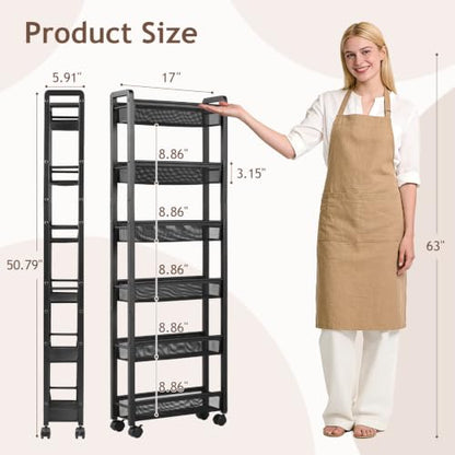 6 Tier Slim Rolling Storage Cart, Narrow Kitchen Storage Cart, Spice Rack Organizer with Wheels, Space Saving Shelf for Living Room, Laundry Room, Bathroom, Narrow Spaces