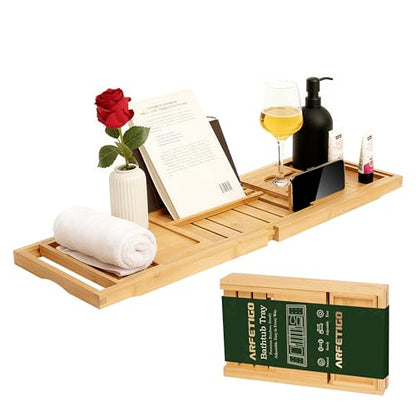 Premium Bamboo Luxury Foldable Bathtub Tray - Natural Bamboo Bath Tray for Tub, Bamboo Bathtub Shelf, Expandable Bath Table Trays, Bathtub & Bathroom Accessories for New Home & Great Gifts