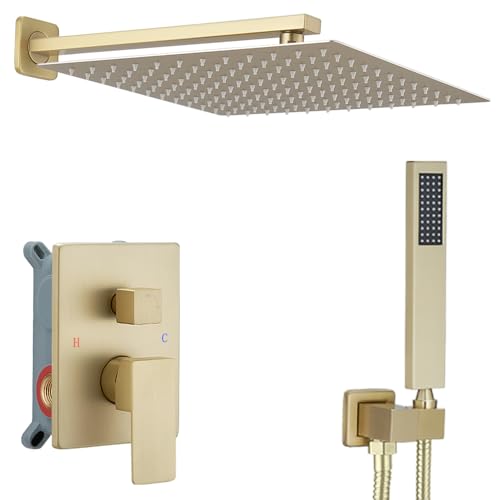 Brushed Gold Shower System 16 Inch Bathroom Luxury Rain Mixer Shower Combo Set Wall Mounted Rainfall Shower Head and Handheld System Shower Faucet Set Rough-in Valve Body and Trim Kit - color: Brushed Gold, size: 16 Inch