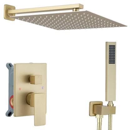 Brushed Gold Shower System 16 Inch Bathroom Luxury Rain Mixer Shower Combo Set Wall Mounted Rainfall Shower Head and Handheld System Shower Faucet Set Rough-in Valve Body and Trim Kit - color: Brushed Gold, size: 16 Inch