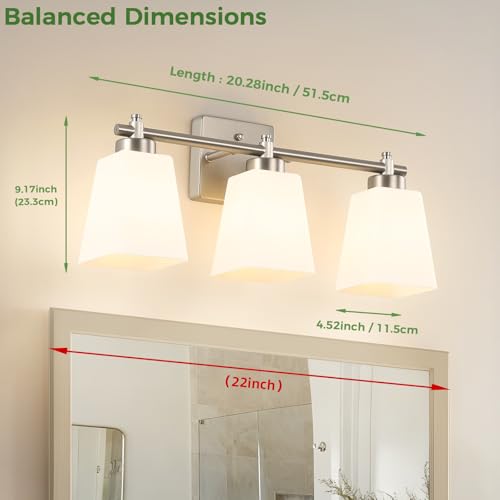 3-Light Modern Bathroom Vanity Light, Wall Sconce Over Mirror with Milky White Frosted Glass Shades, E26 Socket (Bulbs Not Included) - color: Brushed Nickel, size: 3-Light