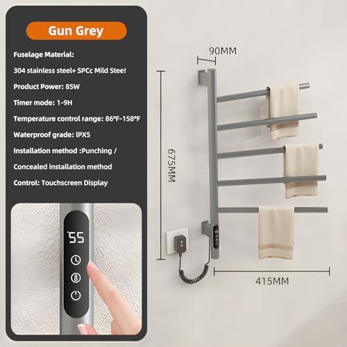180°Rotation Electric Heated Towel Rack Wall Mounted Towel Warmer Racks 5 Bars Hardwired & Plug-in Hot Towel Rack with 1H-9H Timer for Home Bathroom Salons and Spas (Grey) - color: Grey, size: G63