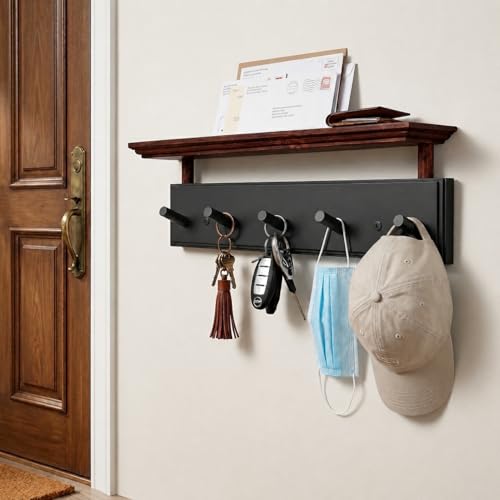 Matías Coat Rack Wall Mount with Shelf, 18 Inch Solid Wood Peg Rail, Wall Mounted Coat Rack with 5 Hooks, Wall Mount Shelf for Entryway, Bathroom or Bedroom (Black and Natural Wood) - color: black and natural wood