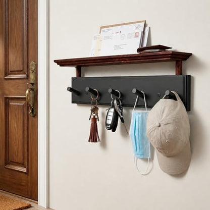 Matías Coat Rack Wall Mount with Shelf, 18 Inch Solid Wood Peg Rail, Wall Mounted Coat Rack with 5 Hooks, Wall Mount Shelf for Entryway, Bathroom or Bedroom (Black and Natural Wood) - color: black and natural wood