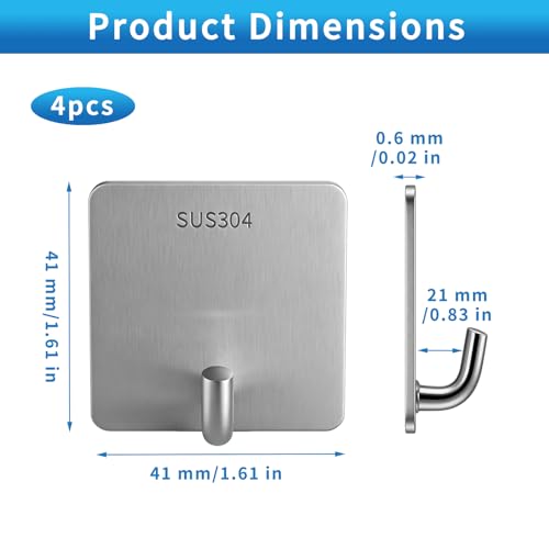 4 Pcs Self Adhesive Towel Hooks, Stainless Steel Sticky Wall Hooks for Hanging, Waterproof Shower Hook for Robe/Clothes, No Drilling Towel Hangers for Bathroom Kitchen Bedroom Office