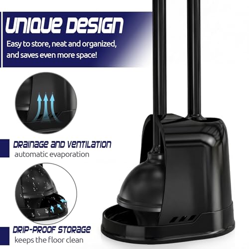 Reallnaive 4 Set Toilet Plunger and Brush Set with Ventilated Holder 2 in 1 Toilet Bowl Brush and Heavy Duty Plunger Combo Bathroom Cleaning Kit for Home and Commercial Bathrooms Drainage(Black) - color: Black