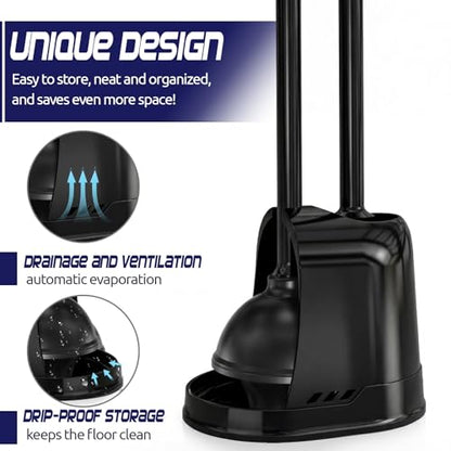 Reallnaive 4 Set Toilet Plunger and Brush Set with Ventilated Holder 2 in 1 Toilet Bowl Brush and Heavy Duty Plunger Combo Bathroom Cleaning Kit for Home and Commercial Bathrooms Drainage(Black) - color: Black