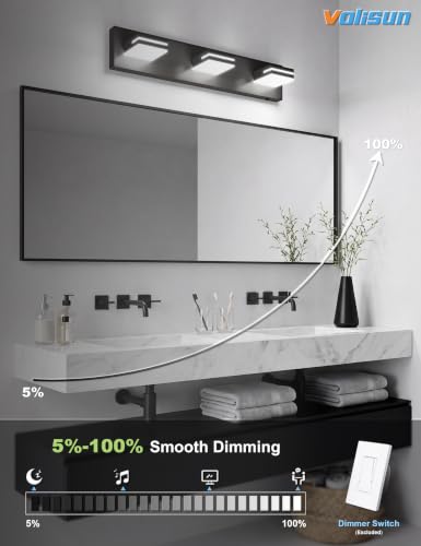 VOLISUN Modern Black Bathroom Vanity Light Fixtures (3-Light, 24-Inch), 5CCT Dimmable Bathroom Lighting Fixtures Over Mirror - color: Matte Black-5CCT, size: 24-Inch