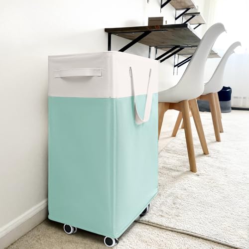 Goodpick Laundry Basket with Wheels, 75L Laundry Hamper with Wheels, Large Laundry Basket with Removable Wash Bag, Clothes Hamper for Laundry, Blue&White | Clothes Hamper with Removable Wash Bag for Laundry Room, Large Rolling Laundry Basket with Handles,