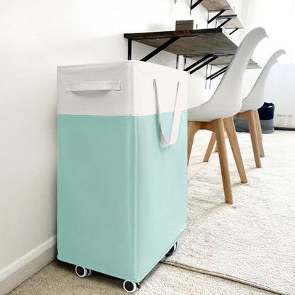 Goodpick Laundry Basket with Wheels, 75L Laundry Hamper with Wheels, Large Laundry Basket with Removable Wash Bag, Clothes Hamper for Laundry, Blue&White | Clothes Hamper with Removable Wash Bag for Laundry Room, Large Rolling Laundry Basket with Handles,
