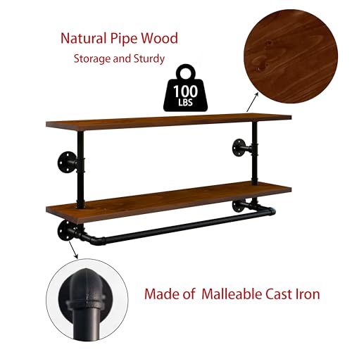 Clothes Rack 42in, Wall Mounted Garment Rack with Real Walnut Wood Shelf, Heavy Duty Hanging Clothes Rack, Multi-Purpose Hanging Rod, Space-Saving Closet Storage - color: Walnut, size: 2T42IN