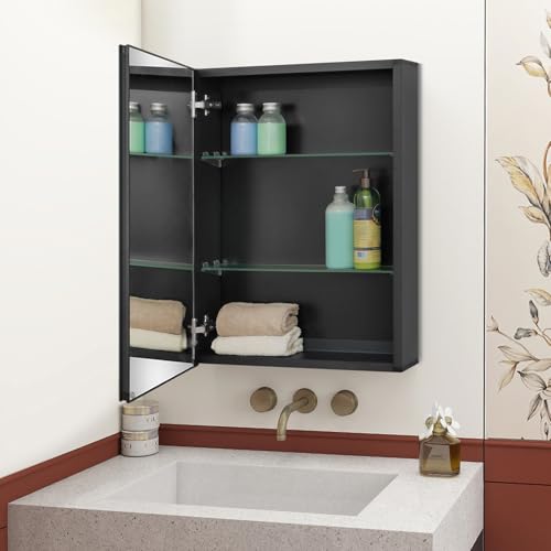 20 x 26 Black Recessed Medicine Cabinet with Mirror & Bathroom Wall Storage | Black Aluminum Bathroom Mirror Cabinet with Adjustable Shelves, Surface Mount Option for Organized Bathroom Vanity Toiletries - size: 20 x 26