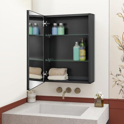 20 x 26 Black Recessed Medicine Cabinet with Mirror & Bathroom Wall Storage | Black Aluminum Bathroom Mirror Cabinet with Adjustable Shelves, Surface Mount Option for Organized Bathroom Vanity Toiletries - size: 20 x 26