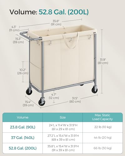 SONGMICS Laundry Basket with Wheels, 3-Section Rolling Laundry Hamper, 52.8 Gallons (200 L), Removable Liner, Steel Frame with Handle, 35.8 x 15.4 x 31.9 Inches, Cream White URLS005W01 - color: Cream White, size: 200 L (3-Section)
