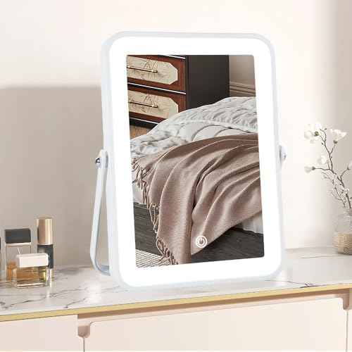 YEKKOPT Rechargeable Vanity Mirror with Lights,Desk Makeup Mirror with Lights,Portable Travel for Makeup Desk ＆ Dressing Room,3 Color Lighting, Dimmable Touch Screen - color: White, size: 10"L x 7"W
