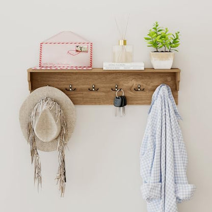GIANTEX Coat Rack Wall Mount, 31.5" Wooden Coat Hooks with Shelf, Natural | Wall Clothes Rack w/ 6 Dual Hooks for Hats Towels Purses Robes, Floating Display Shelf for Living Room Bedroom Entryway - color: Natural
