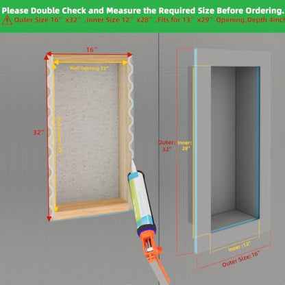 Tile Ready Shower Niche Insert 12"x28",Embedded Size 13"x29",Depth 4" | Waterproof and Ready-to-Tile Niche for Shower Wall,Recessed Showers Shelf Niches Box for Bathroom Renovation/Soap Storage - size: Inner 12"x28"/Outer 16"x32"