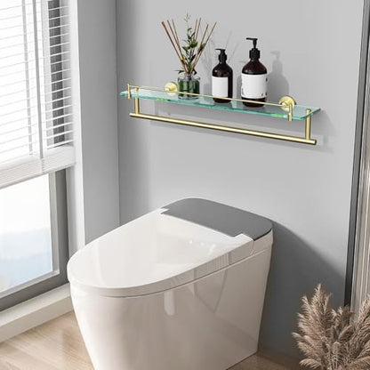24-Inch Towel Rack with Shelf -Tempered Glass Bathroom Shelf with Towel Bar - Brushed Gold Modern Stainless Steel, Wall Mount Rustproof Tower Holder - color: Brushed Gold, size: 24-inch with Railing