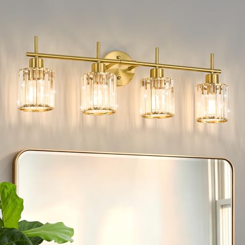 Brushed Gold Bathroom Light Fixtures, Round, 3-Light | Vanity Lights with Crystal Shades, Modern Bathroom Lighting Fixtures over Mirror (Bulbs Not Included, E26) - color: Brushed Gold (Round), size: 4-Light