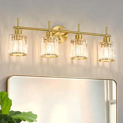 Brushed Gold Bathroom Light Fixtures, Round, 3-Light | Vanity Lights with Crystal Shades, Modern Bathroom Lighting Fixtures over Mirror (Bulbs Not Included, E26) - color: Brushed Gold (Round), size: 4-Light