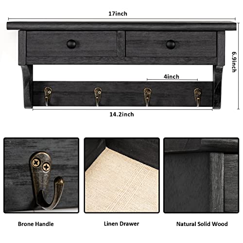 Emfogo Wood Coat Hooks Wall Mounted, Rustic Style with 4 Hooks & Shelf for Entryway, Mudroom, Bedroom, Kitchen, Bathroom (Black) - color: Black