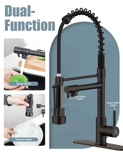 Kitchen Faucet,Oil Rubbed Bronze Faucet with Soap Dispenser,Black Kitchen Faucets with Pull Down Sprayer,Kitchen Sink Faucet with Dual Function Spray Head for 1-4 Holes Kitchen Sink - color: F.Oil Rubbed Bronze, style: 1.Faucet+Soap Dispenser+Hole Cover