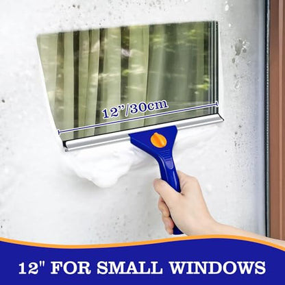 18-Inch Window Squeegee Professional with 12-INCH Chanel Squeegee for Shower Glass, Easy Change Window Cleaner Squeegees Washer Kit for Countertop Car Mirror Cleaning & Washing