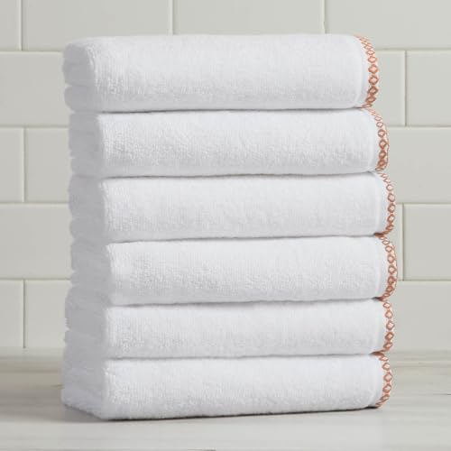 Great Bay Home Clay/White Hand Towel Set - Ultra-Soft Cotton, Boho-Chic Border Design - 6 Hand Towels (28" x 16") - Absorbent, Quick-Dry, Lightweight Bathroom Towels - color: White / Clay, size: Hand Towel (Pack of 6)