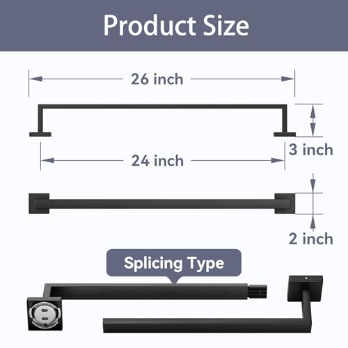 24 Inch Matte Black Towel Bar, Square Base Bathroom Towel Rack, Towel Holder Wall Mounted, Thicken SUS304 Stainless Steel Towel Rod Modern Home Decor (Total Length 26-Inch) - size: 26 Inch