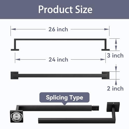 24 Inch Matte Black Towel Bar, Square Base Bathroom Towel Rack, Towel Holder Wall Mounted, Thicken SUS304 Stainless Steel Towel Rod Modern Home Decor (Total Length 26-Inch) - size: 26 Inch