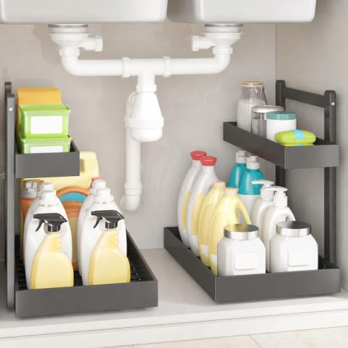 Bamboo Under Sink Organizer 2 Pack, 2-Tier Pull Out Cabinet Organizer | Kitchen Sink Organizer | Bathroom Cabinet Organizer | Cleaning Supply Storage | L-Shape | 3-Level Adjustable | Natural Bamboo - color: Black, size: 2 Packs