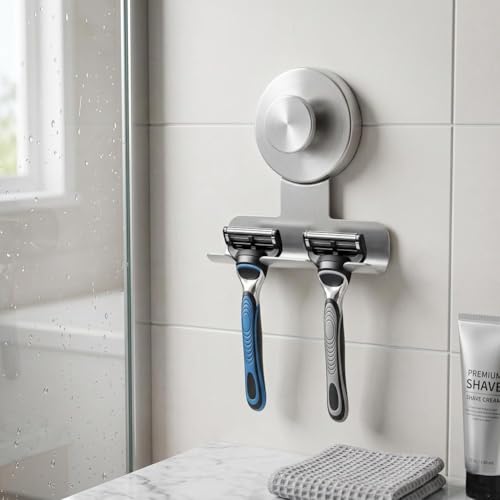 Suction Cup Razor Holder, Stainless Steel Wall Mount Hooks, Heavy-Duty No-Drill Shower Hooks for Razor,Towel,Loofah, Shaver Holder (Silver 2 Pcs) - color: Silver