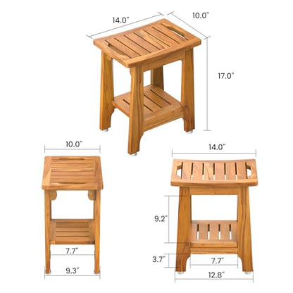 NNN 14" Compact Teak Shower Stool with Japan-Made Non-Slip Leveling Feet | US Patented Design, Marine-Grade Hardware, Pre-Oiled European Teak Oil, Ready, 300lb, for Small Baths Tubs & Outdoor Pools - size: 14"W x 10" Dx 17"H