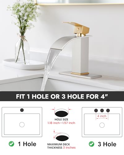 Midanya Waterfall Bathroom Faucet 1 Hole,Brushed Gold Handle/Brushed Nickel | with 24” Hoses,Pop Up Drain,6” Deck Plate,for 1 or 3 Hole Vanity,Lavatory,RV,Single Handle Bathroom Sink Faucet,NSF Certified - color: Gold Handle/Nickel