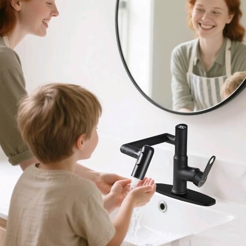 CHOMELY Single Hole Rotatable Bathroom Faucet with Temperature Display in Fahrenheit (Batteries-Free) 3 Water Modes 360 Degree Rotating Sink Faucet, Matte Black - color: Black
