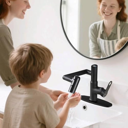 CHOMELY Single Hole Rotatable Bathroom Faucet with Temperature Display in Fahrenheit (Batteries-Free) 3 Water Modes 360 Degree Rotating Sink Faucet, Matte Black - color: Black