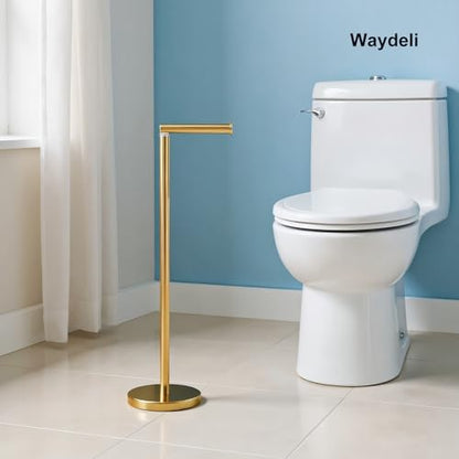 Toilet Paper Holder Gold, Freestanding Toilet Paper Holder Stand with Reserve for 4 Spare Rolls, Sturdy Base, Toilet Tissue Paper Roll Storage Shelf (Stainless Steel Base, Gold)