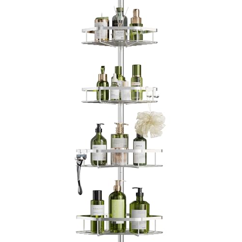 LAMU Corner Shower Caddy Tension Pole, 4-Tier Stainless Steel Organizer | Fits 38-124in Heights, Shower Shelves with No Drilling & Strong Spring Tension, Holds Up to 26lbs, Bathroom, Bathtub, Dorm