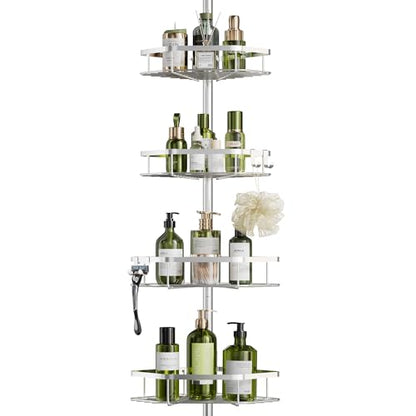 LAMU Corner Shower Caddy Tension Pole, 4-Tier Stainless Steel Organizer | Fits 38-124in Heights, Shower Shelves with No Drilling & Strong Spring Tension, Holds Up to 26lbs, Bathroom, Bathtub, Dorm