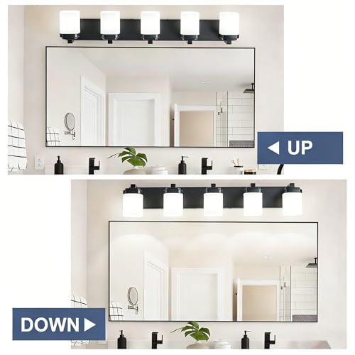 36.5 Inches Bathroom Vanity Light, 5-Light Black Bathroom Light Fixtures Over Mirror, Bathroom Light Shower Lamp with Milky White Square Glass Shade, Modern Farmhouse Lighting Fixtures - color: Black, size: 36.5 Inch : 5-lights