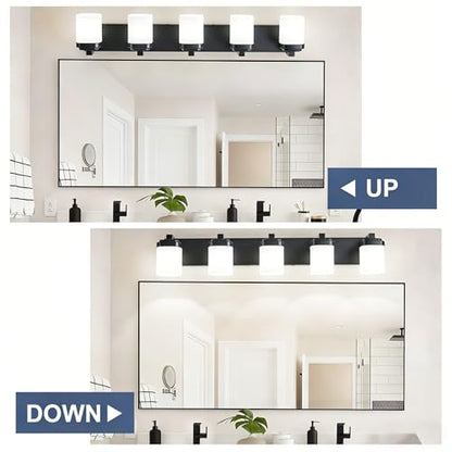 36.5 Inches Bathroom Vanity Light, 5-Light Black Bathroom Light Fixtures Over Mirror, Bathroom Light Shower Lamp with Milky White Square Glass Shade, Modern Farmhouse Lighting Fixtures - color: Black, size: 36.5 Inch : 5-lights