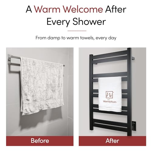 WarmlyYours Grande Heated Towel Rack, 10 Bars, Matte Black | Wall-mounted electric towel warmer rack and dryer, 120V hardwired, flat heated bars for towels and bathrobes - color: Matte Black, size: 10 Bars