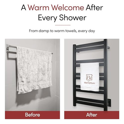 WarmlyYours Grande Heated Towel Rack, 10 Bars, Matte Black | Wall-mounted electric towel warmer rack and dryer, 120V hardwired, flat heated bars for towels and bathrobes - color: Matte Black, size: 10 Bars